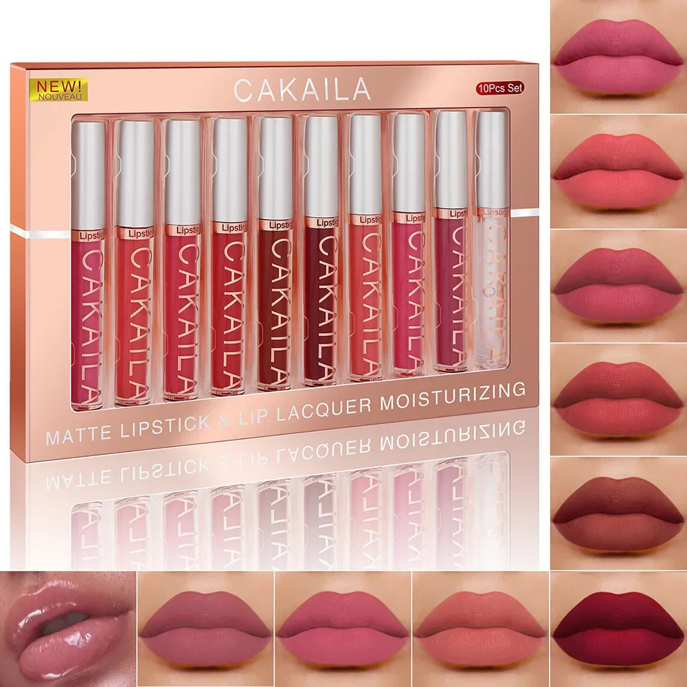 CAKAILA 10pcs Set Nude Lip Gloss Matte Velvet Lipstick