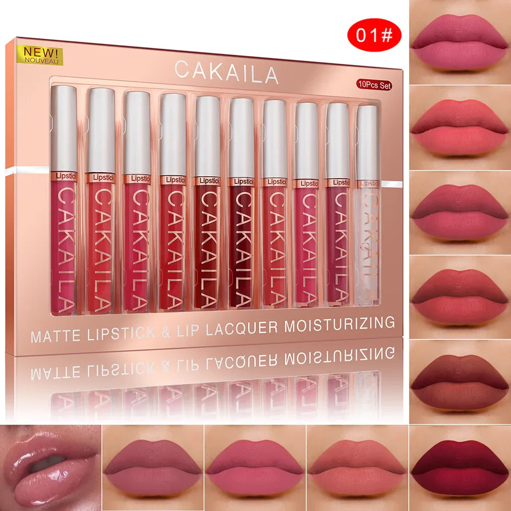 CAKAILA 10pcs Set Nude Lip Gloss Matte Velvet Lipstick