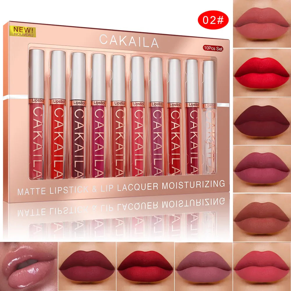 CAKAILA 10pcs Set Nude Lip Gloss Matte Velvet Lipstick