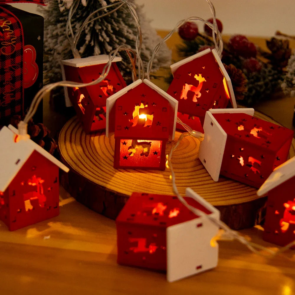 Christmas Wooden House LED String Light Xmas Tree Garland Home Fairy Lamp Merry Christmas Hanging Ornament 2025New Year Gift Noe