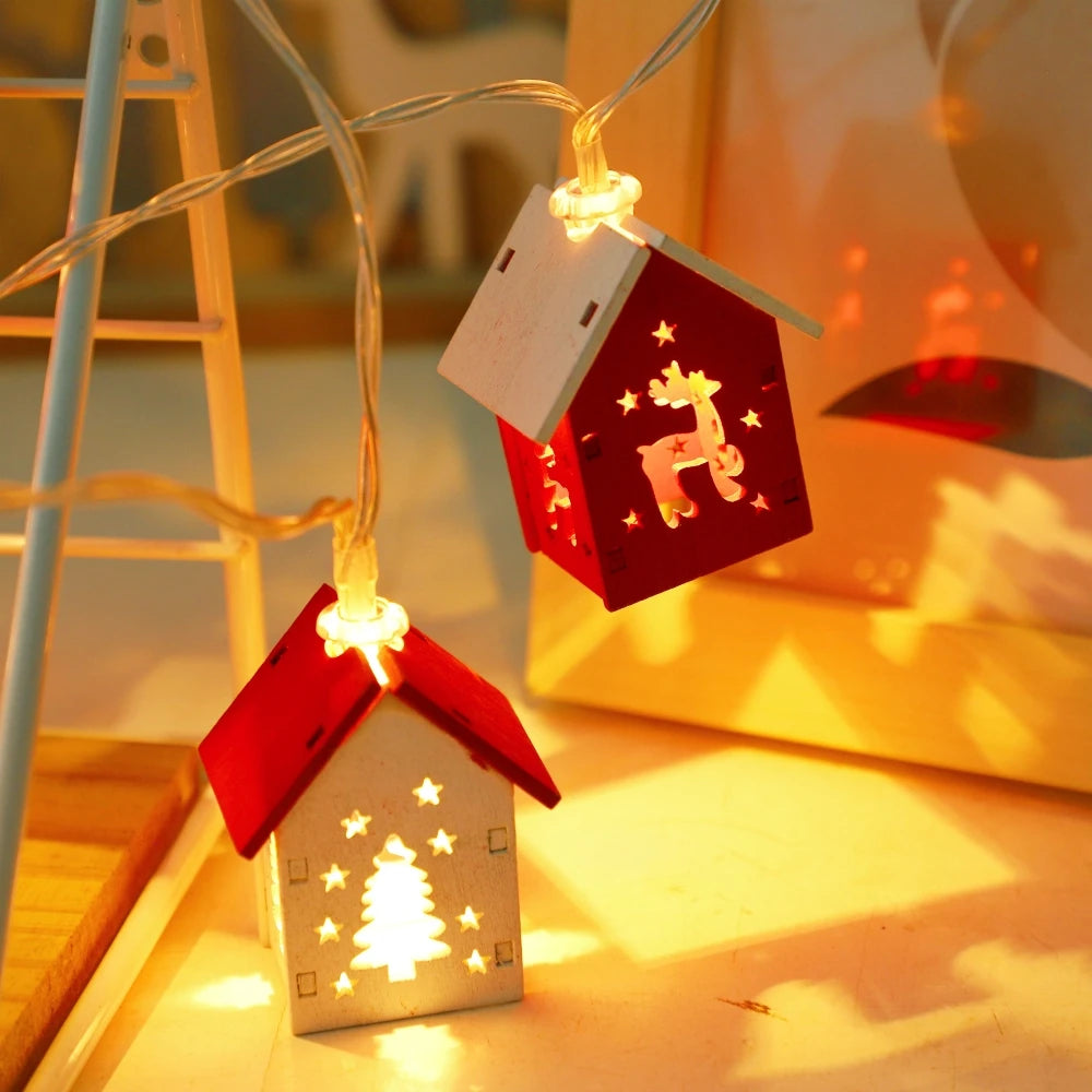 Christmas Wooden House LED String Light Xmas Tree Garland Home Fairy Lamp Merry Christmas Hanging Ornament 2025New Year Gift Noe
