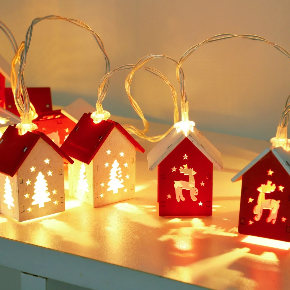 Christmas Wooden House LED String Light Xmas Tree Garland Home Fairy Lamp Merry Christmas Hanging Ornament 2025New Year Gift Noe