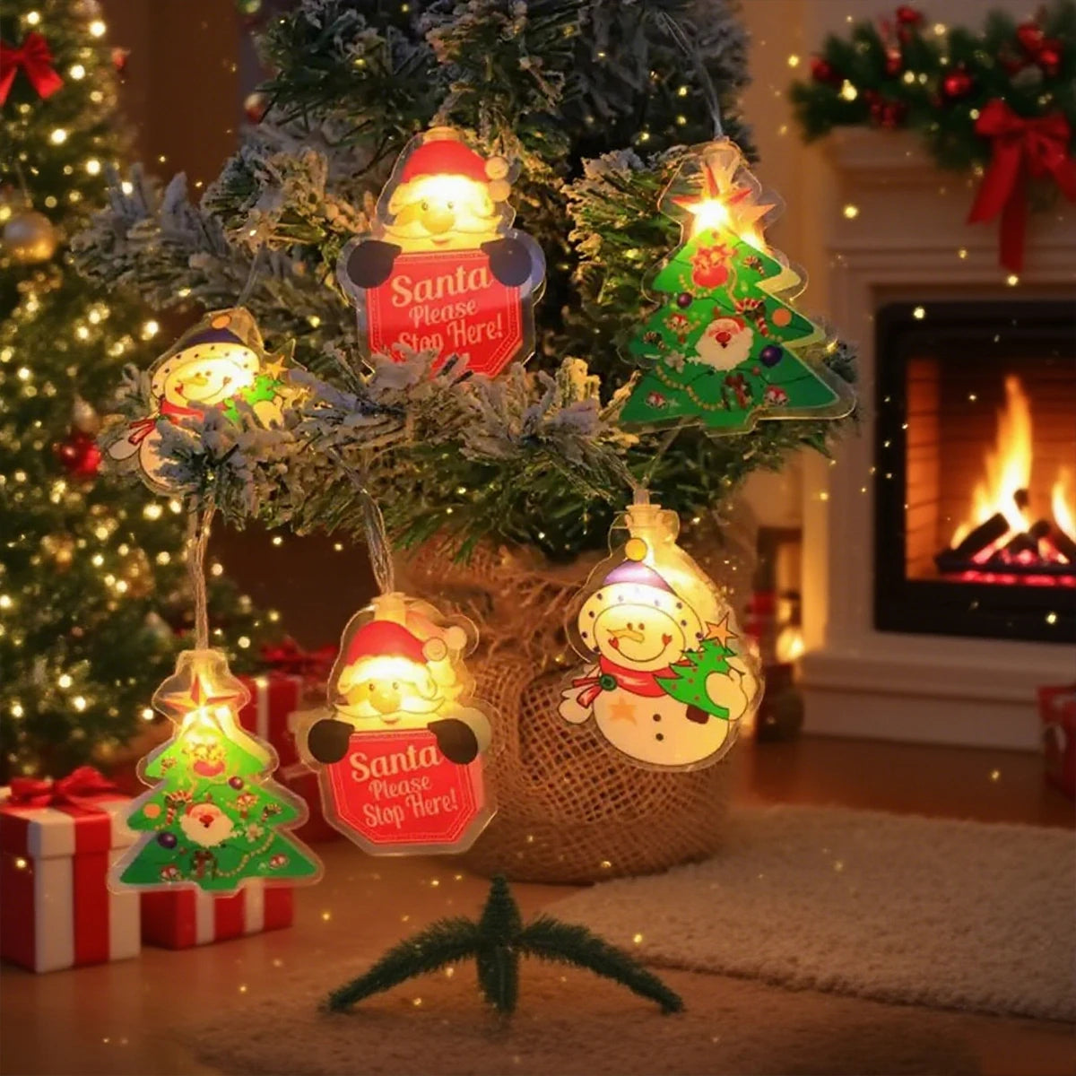 1PC Christmas Indoor String Lights with Santa & Reindeer & Snowman &Christmas Tree Design For Home Holiday Patry Xmas Decoration