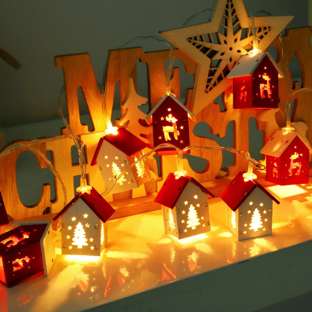Christmas Wooden House LED String Light Xmas Tree Garland Home Fairy Lamp Merry Christmas Hanging Ornament 2025New Year Gift Noe