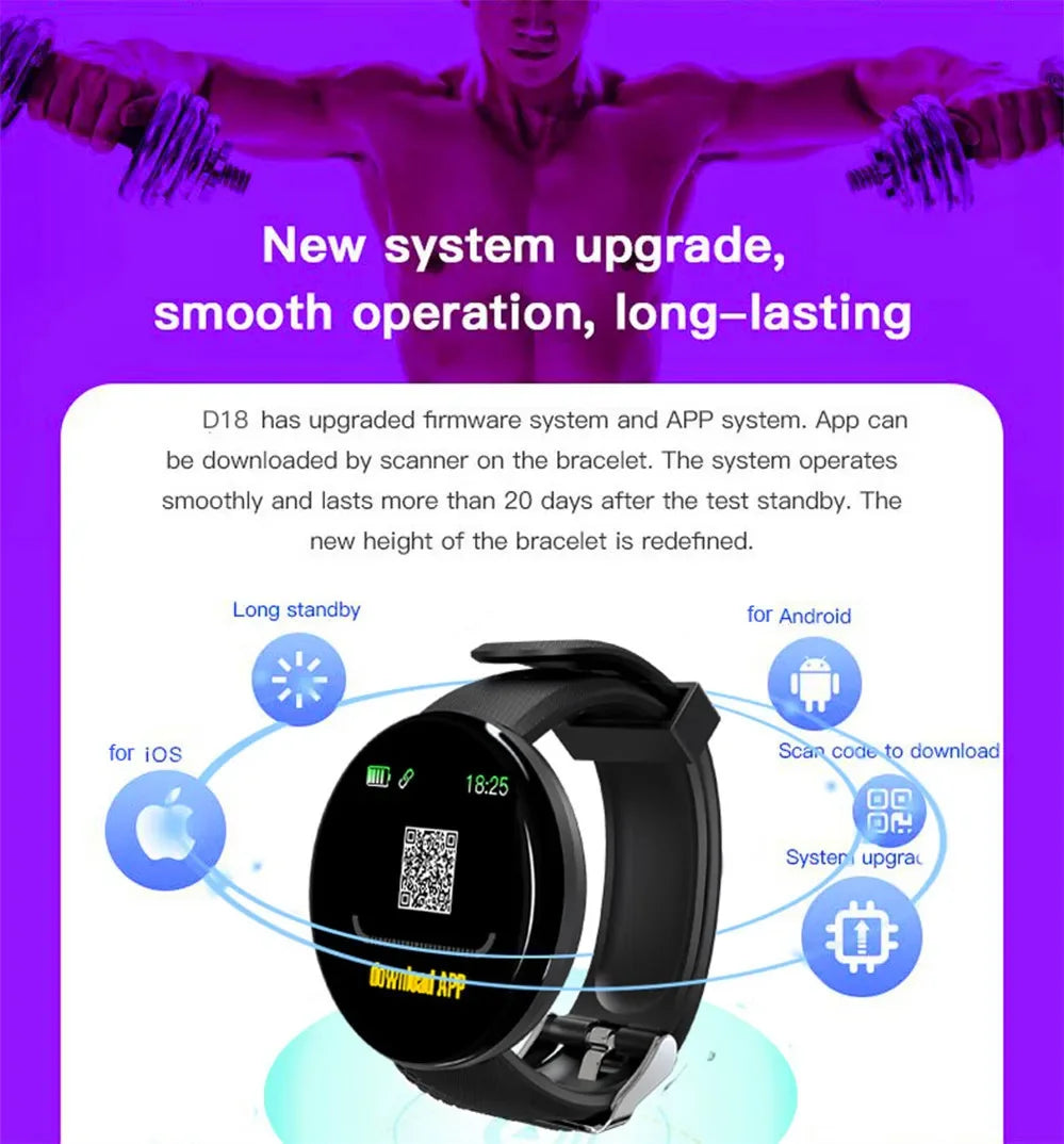 D18 Smart Watch Heart Rate Monitor Men's Women's Smartwatch Round Fitness Digital Watches for Men Women Band Bracelet PK D20 Y68