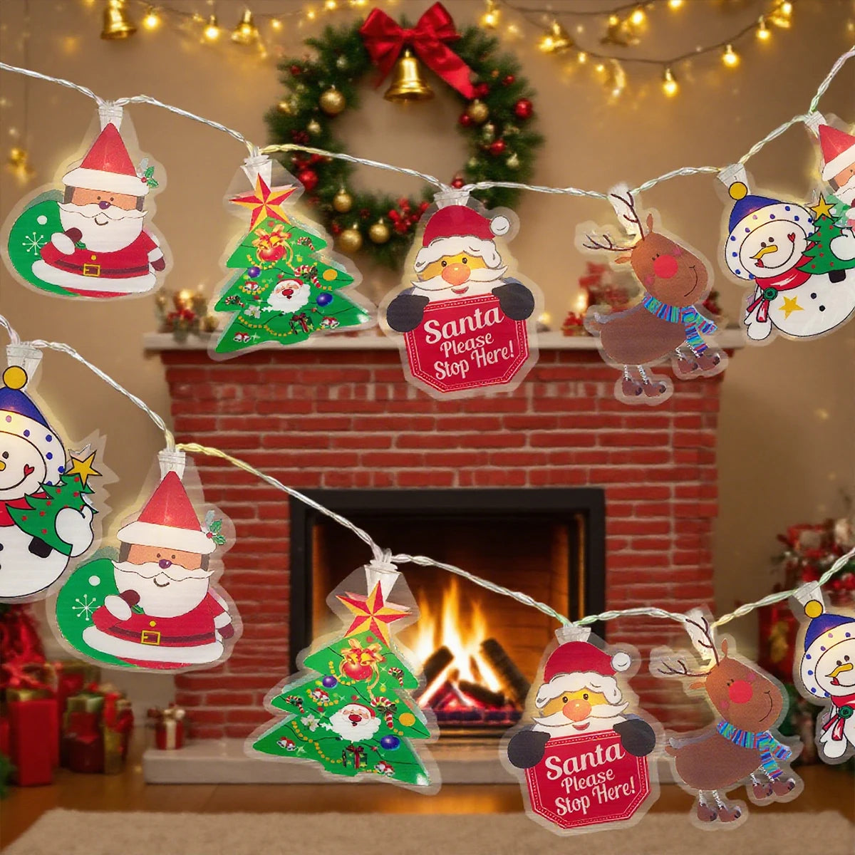 1PC Christmas Indoor String Lights with Santa & Reindeer & Snowman &Christmas Tree Design For Home Holiday Patry Xmas Decoration